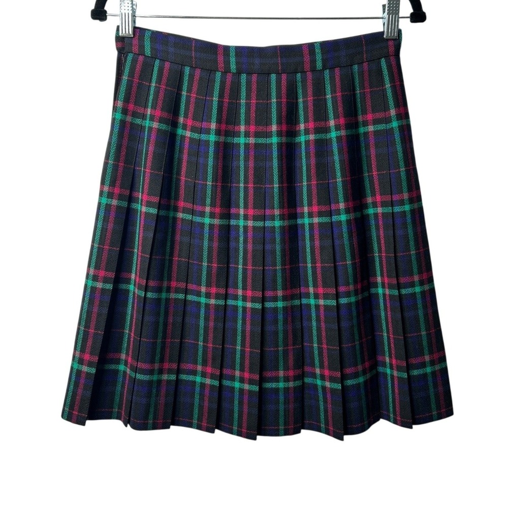 Vtg Talbots Petites Wool Pleated Skirt S/M Black Jewel Tones Plaid Schoolgirl